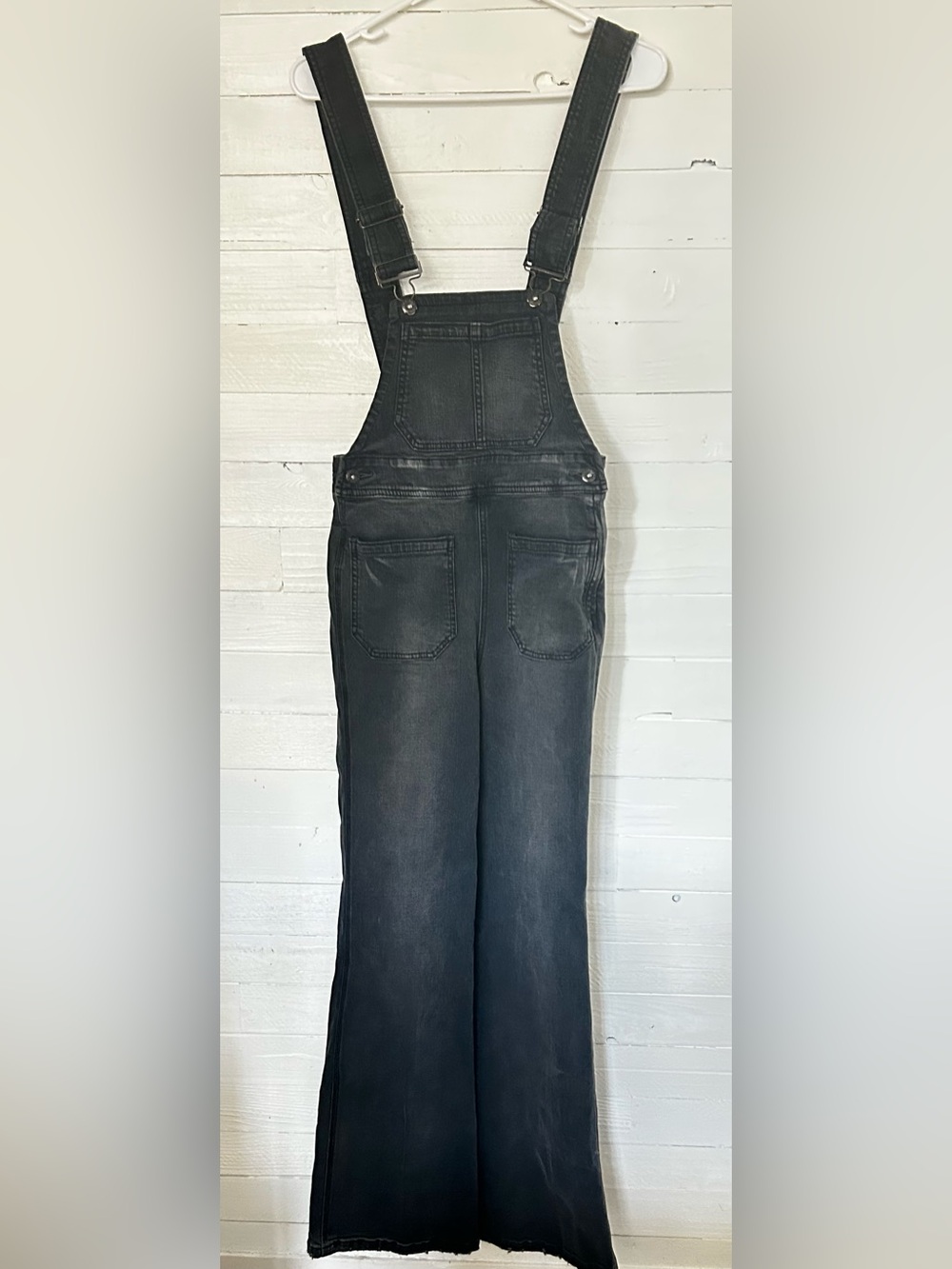 Free People distressed flare leg overalls, black, women’s size 27. EUC